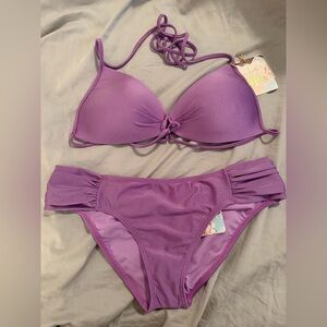 NWT Luli Fama Purple Bikini / Halter Top Sz Medium / Full Bottom Sz Large READ